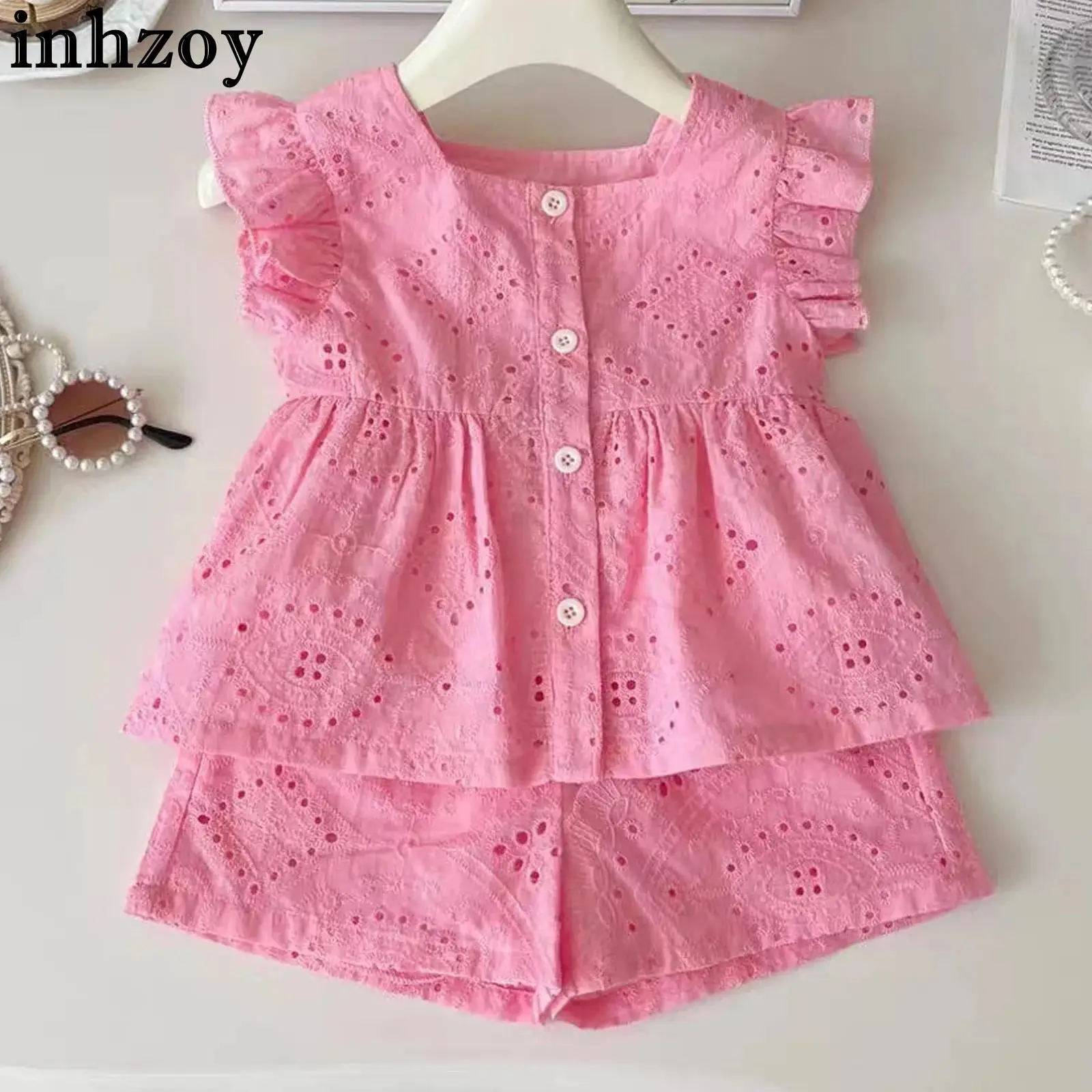 

Летняя милая повседневная одежда для маленьких девочек, топы с рюшами на рукавах и шорты для повседневной вечеринки, школьной праздничной фотографии, домашняя одежда