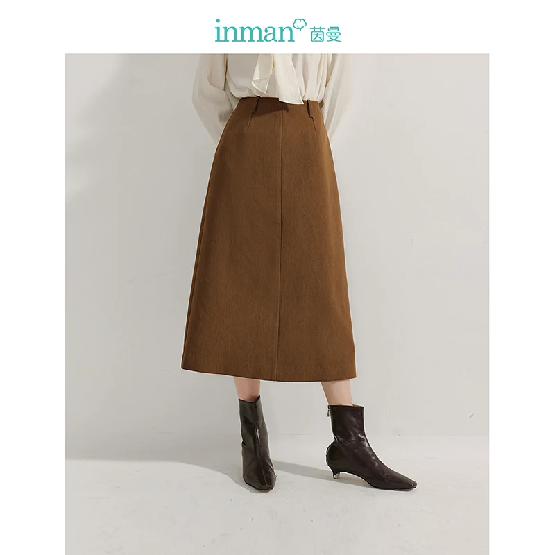 INMAN 2024 Autumn winter Commuter slit women's skirts temperament all-match high waist A-line skirt