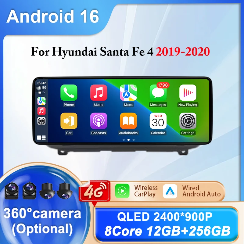 12.3 Inch For Hyundai Santa Fe 4 2019-2020 2K Android 16 Wireless Carplay Auto Touch Screen Multimedia Radio Receiver 4G WIFI BT