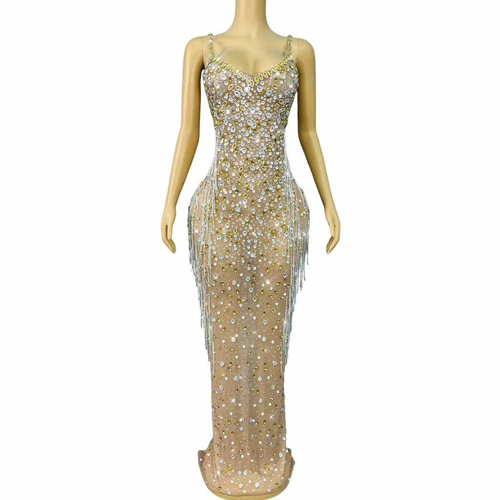 

Сексуальные мигающие стразы, кристаллы, цепочки, телесное сетчатое платье на подтяжках, женское вечернее платье для празднования красной ковровой дорожки, сценическая одежда