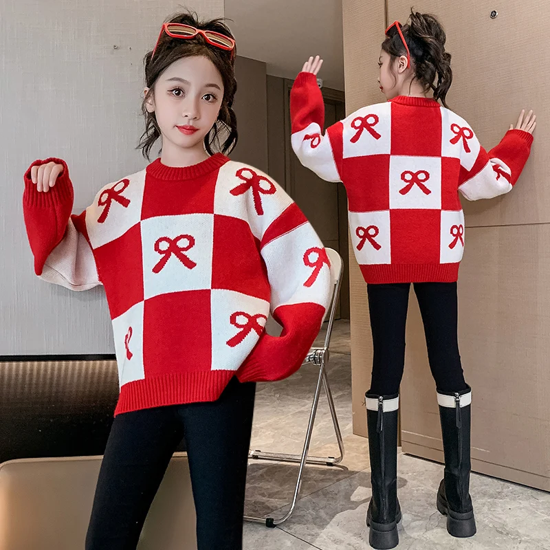 أنيقة الأطفال ربيع الخريف الأحمر منقوشة سترة مع الانحناء للفتيات تصميم الأزياء تريكو ملابس الاطفال عارضة تريكو 4-14Y