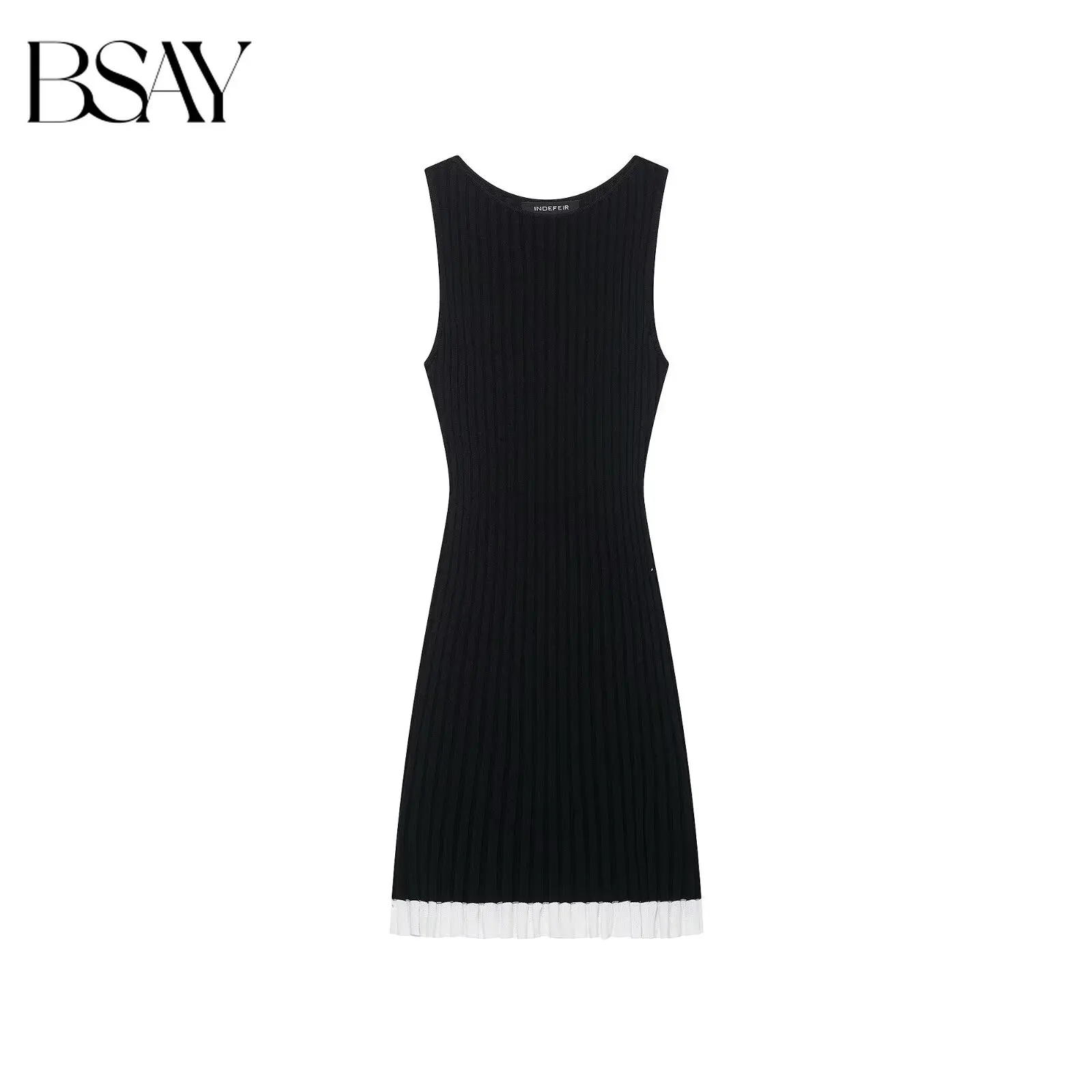 BSAY Damen ärmelloses, geripptes Strick-Minikleid mit Rundhalsausschnitt, schwarzer Bodycon-Rock, kontrastierender weißer Rüschensaum, sommerliches, lässiges Tankkleid