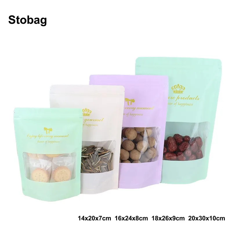 

StoBag 100pcs Color Food Packaging Ziplock Bag with Window Stand Up Sealing for Snack Nuts Beans Storage Gift Reusable Pouches