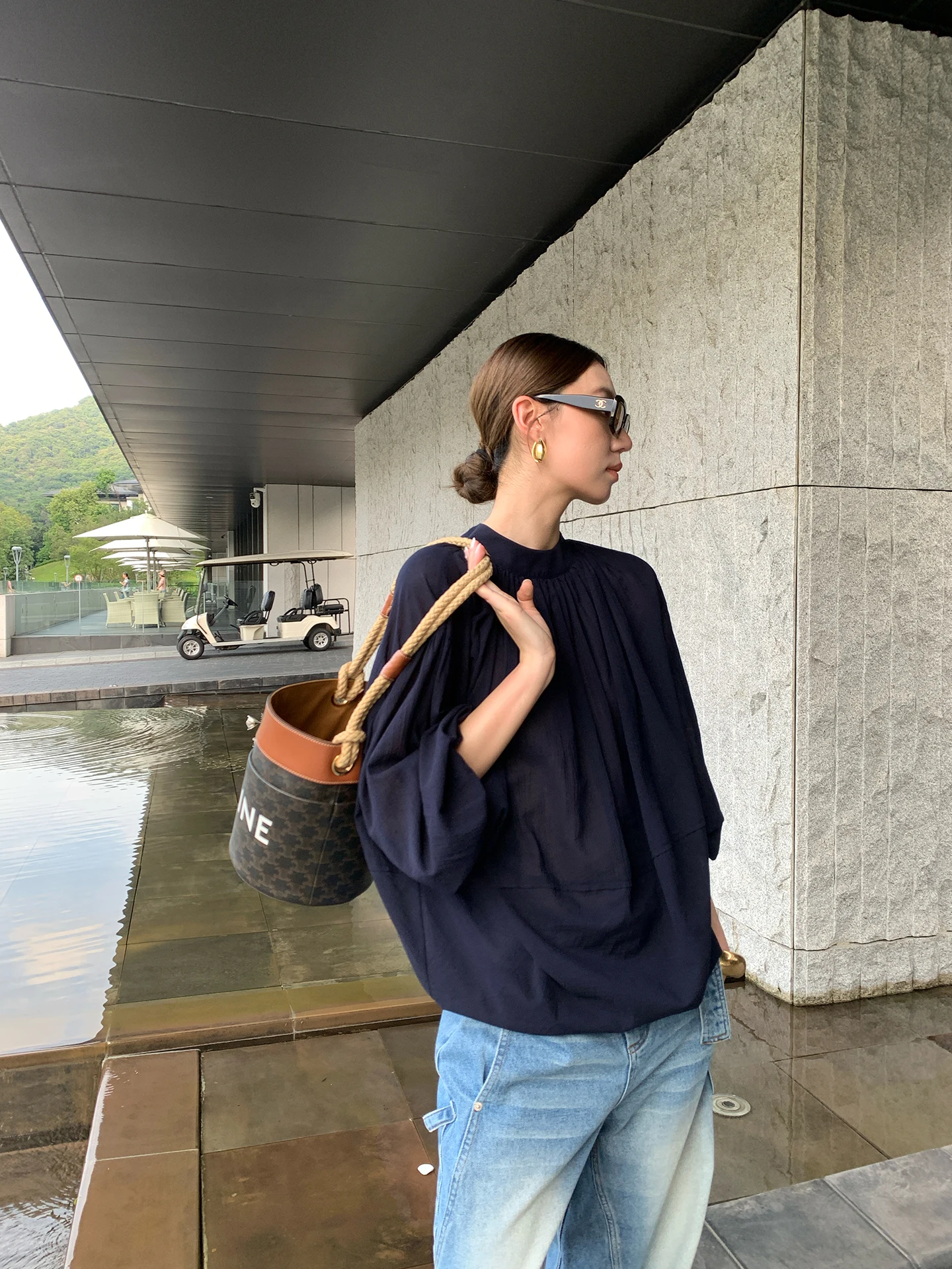 

Loose Design Women's irt Gakee Official k Blue Chiffon Early Autumn New Sle Commute Feeling Cotton Long Sve round Ne