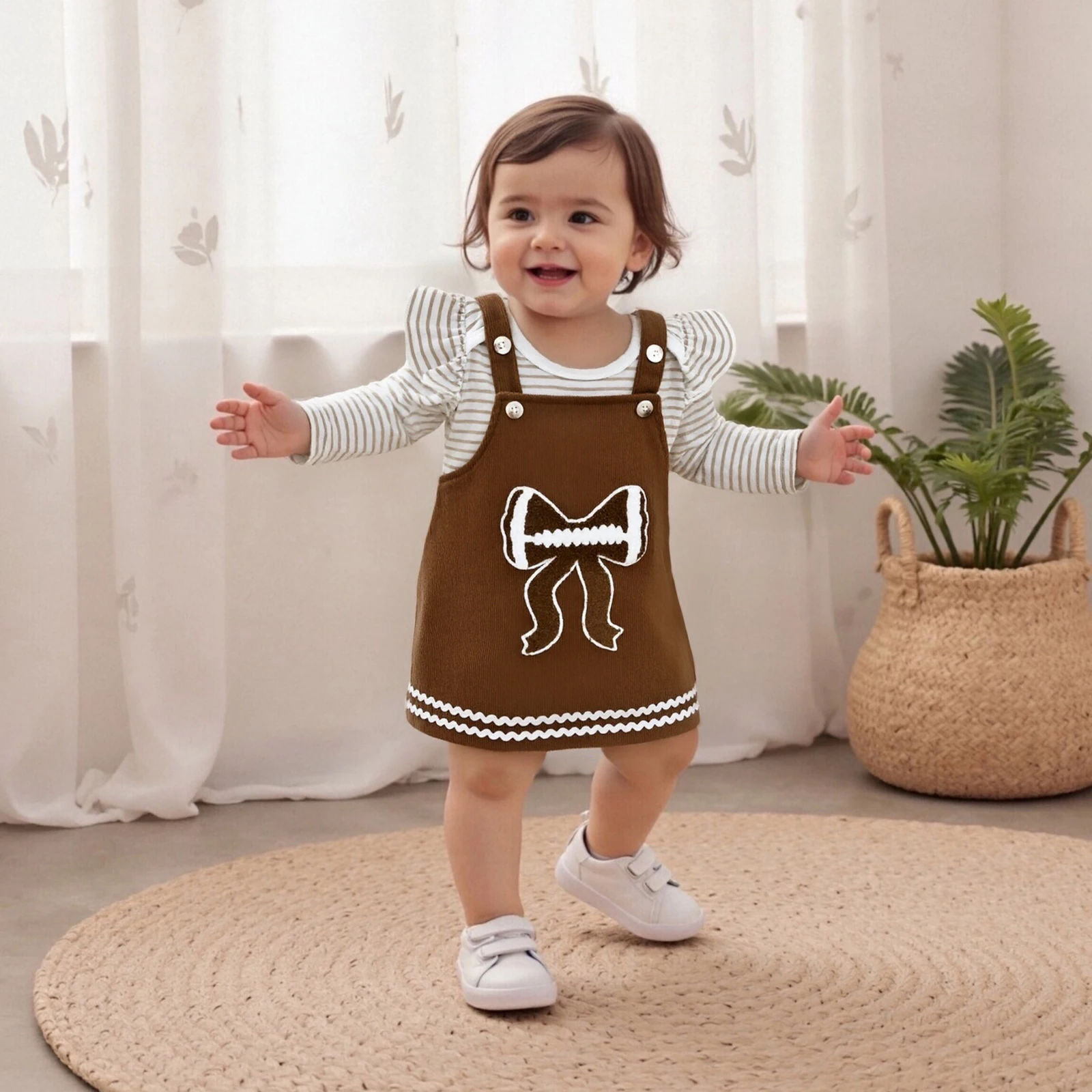 

Baby Clothing Girl Fall Outfit Striped Long Sleeve Romper with Football Bow Embroidery Suspender Dress 2 Pcs Set