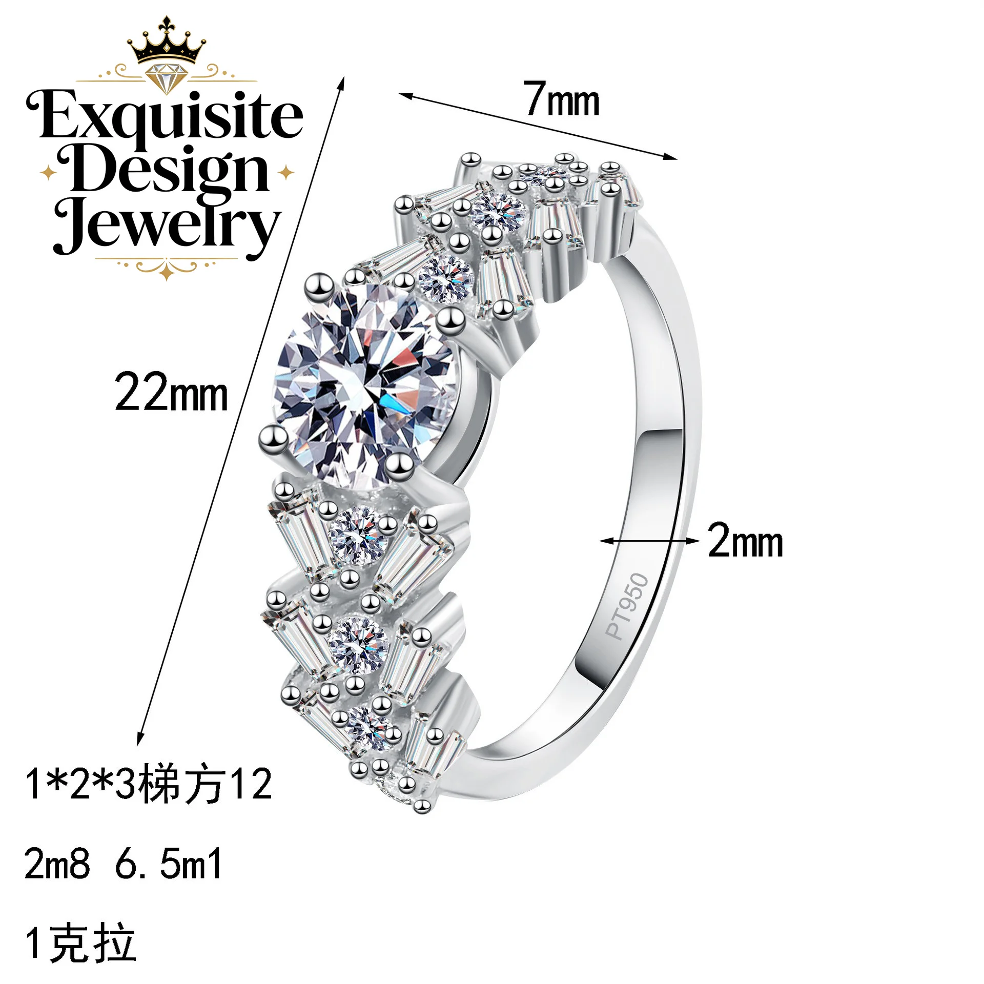 Exquisite Platinum PT950 Rectangular Beveled 1-carat Moissanite Ring Luxury and Gorgeous Wedding Ring Charm Fine Jewelry Gift