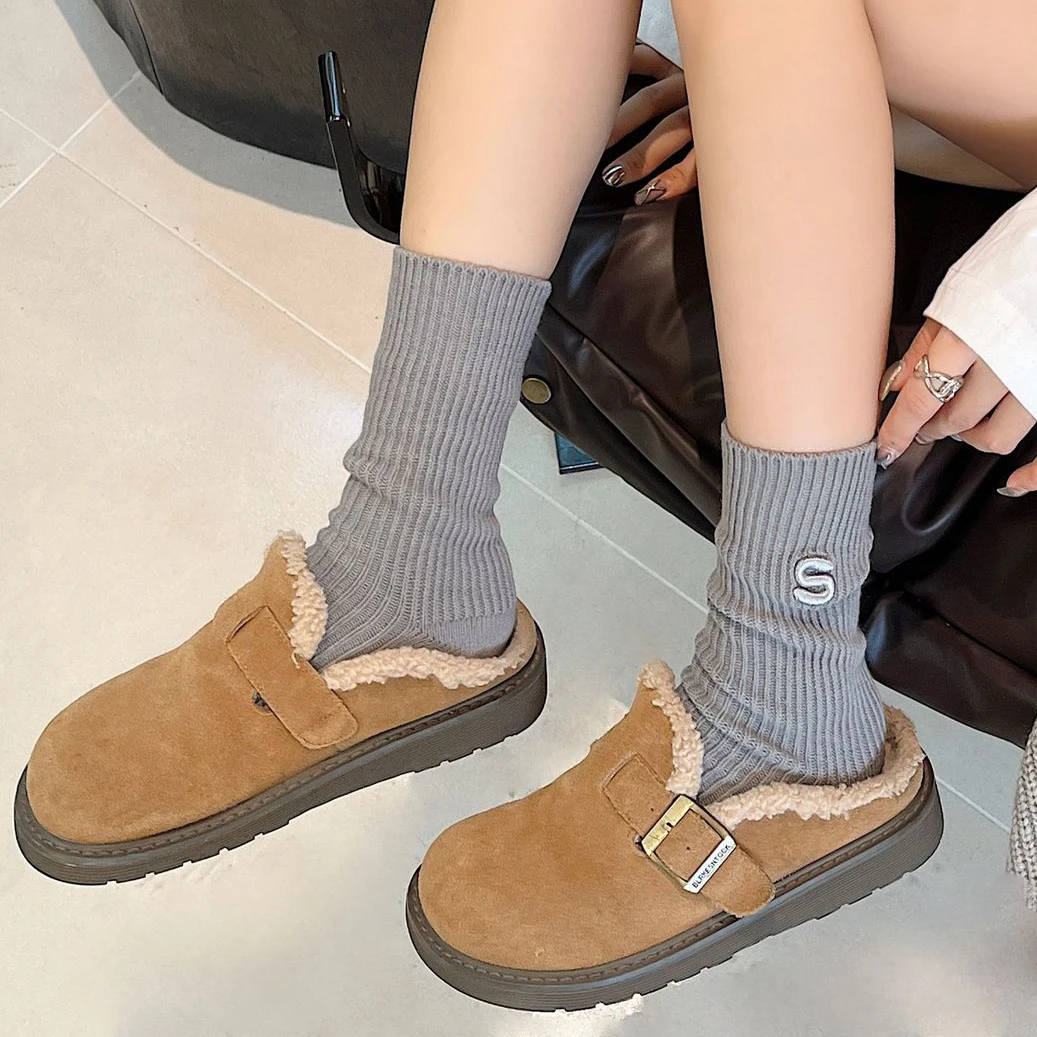Autumn Winter Cotton Solid Color Pile Socks Three-dimensional S-letter Embroidery Stockings Ins Sports Women Thicken Warm Sock