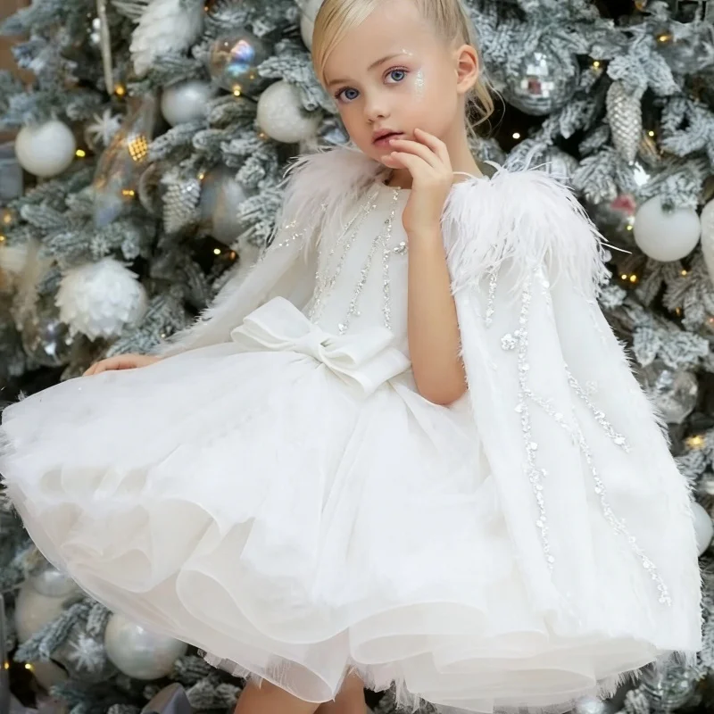 Flower Girl Dresses Pink Tulle Puffy Sequin With Bow Feather Cloak And Shoulders For Wedding Birthday Banquet Princess Gowns