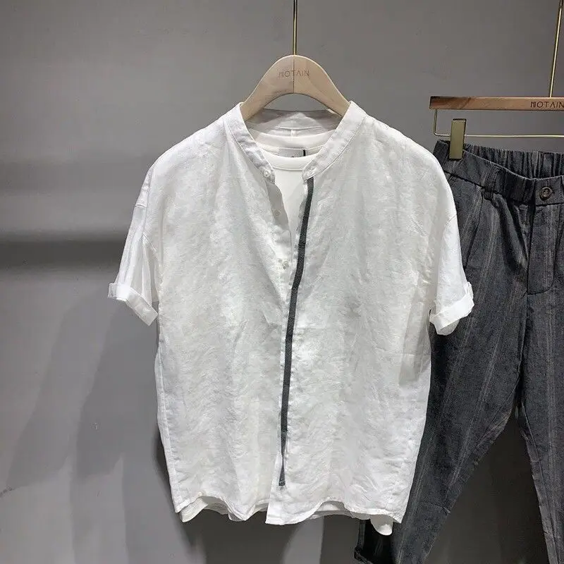 

Loose Fit Linen Men's irt ort Sve Stand Collar plus Size Hip Hop Lazy Sle Polyester Fiber Warm Summer Faion