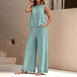 Traje de gasa con estampado étnico para mujer, chaleco sin mangas y pantalón, tejido elegante Delgado, ligero y transpirable, moda de verano