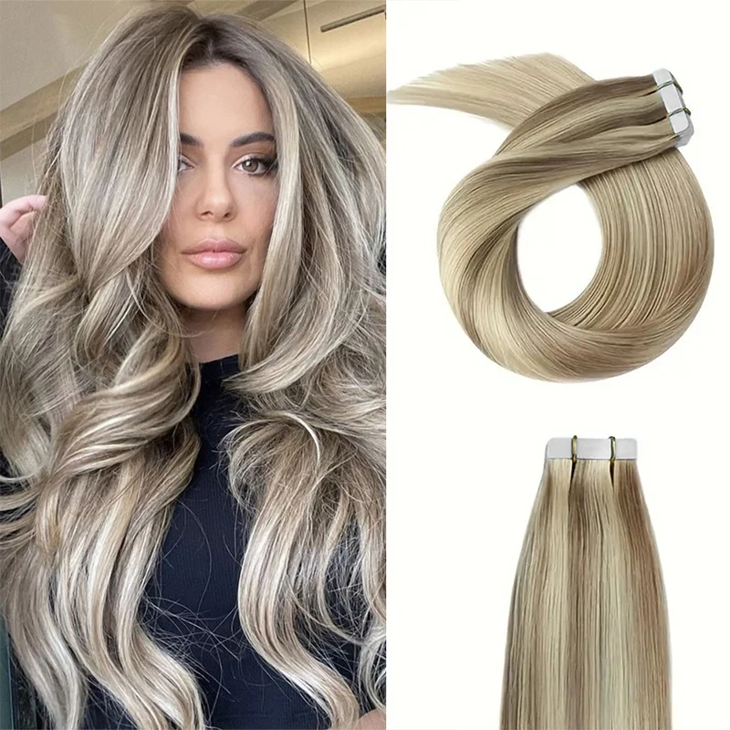 Extensões onduladas retas do cabelo, 100% cabelo humano não processado, fita do plutônio nas extensões, P6-60, 22"