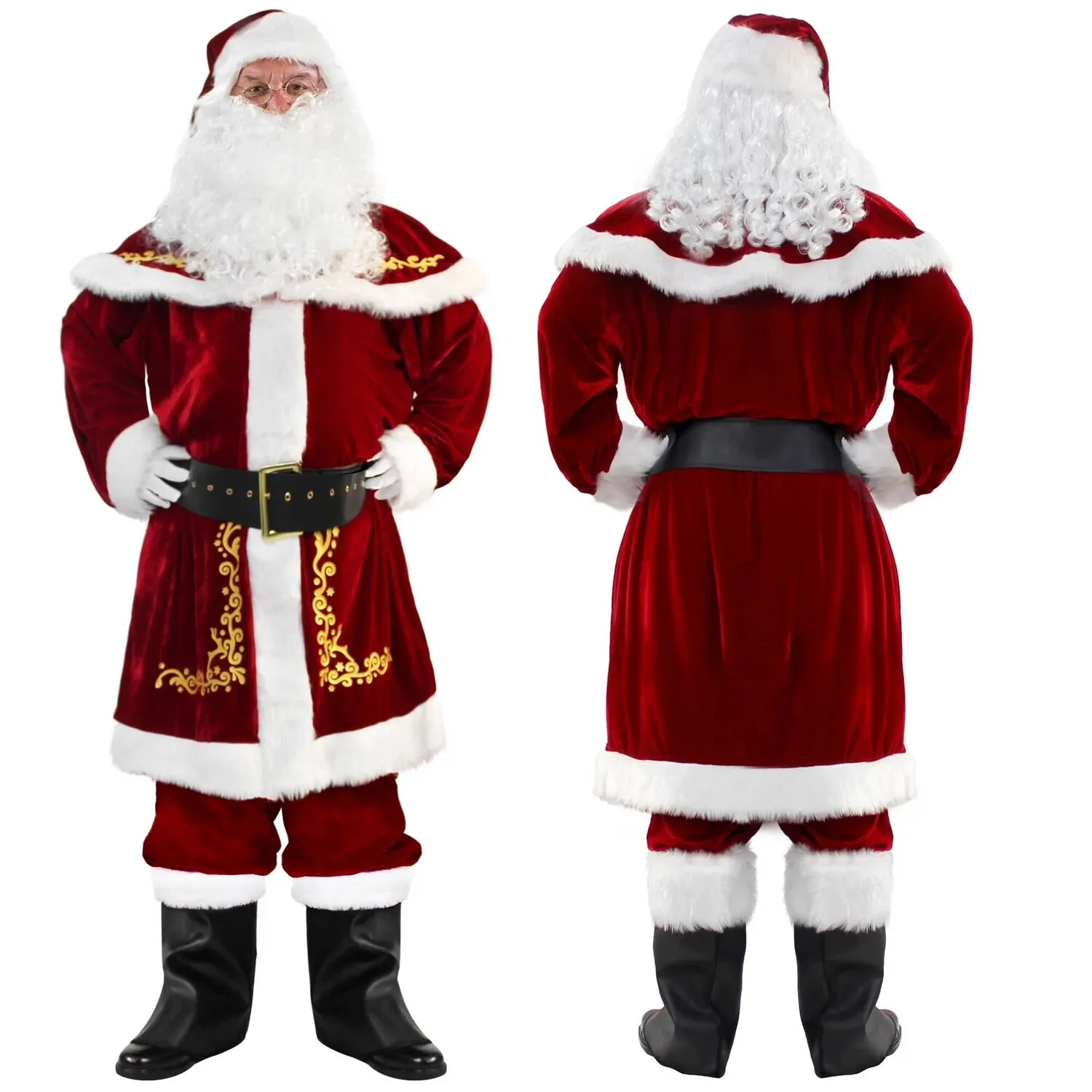 

Santa Red Velvet Print Clothes Party Adult Cosplay Clothing Gift Novelty Retro Coat Men's Suit Women Christmas Hat