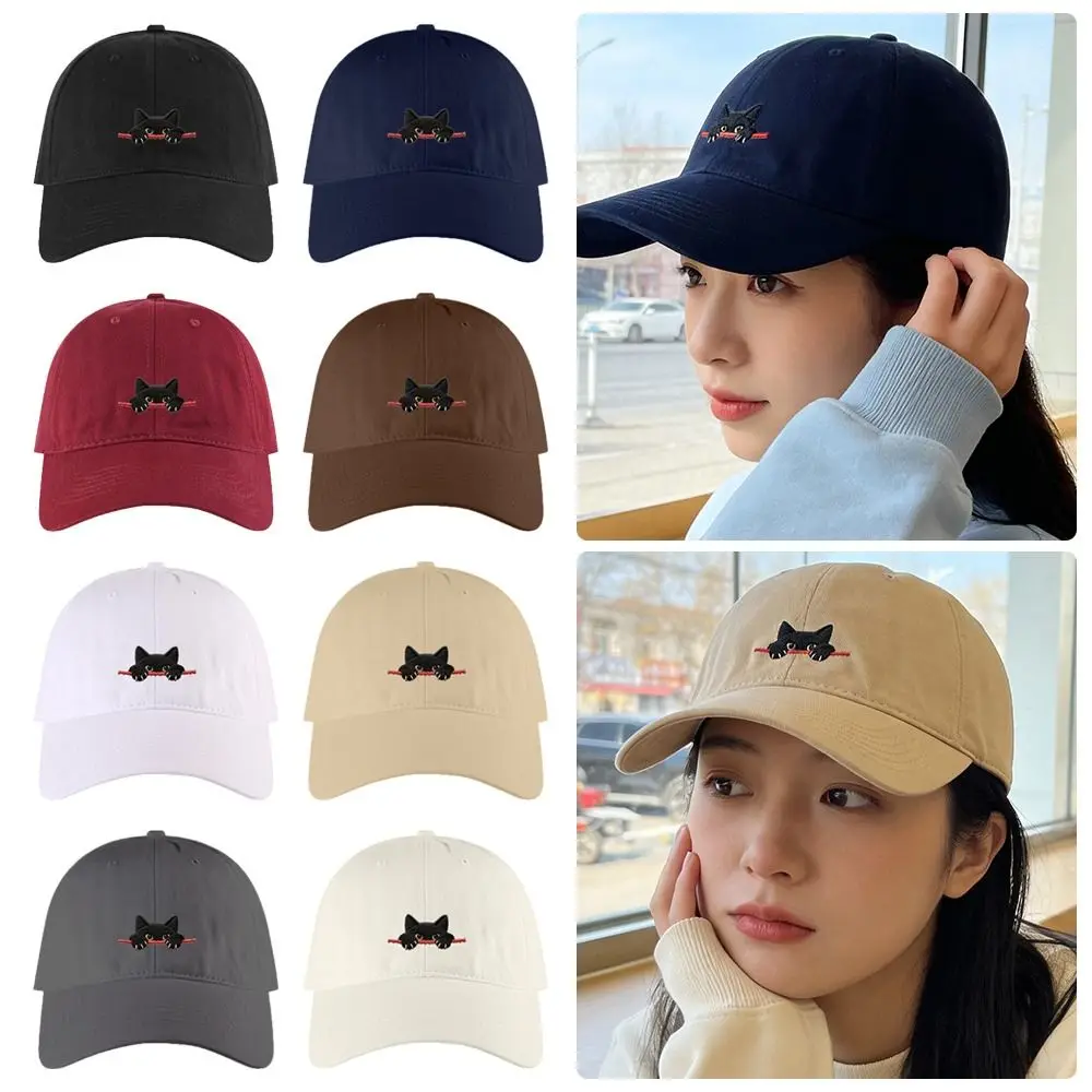 

Casual Versatile Baseball Cap Korean Style Embroidery Cat Pattern Wide Brim Hat Breathable Adjustable Sun Protection Hat Unisex