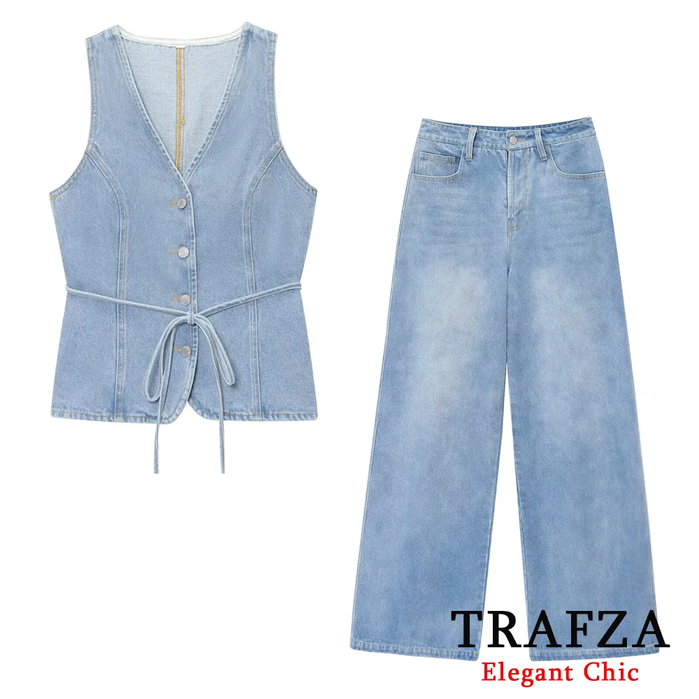 

TRAFZA Women Casual Chic Denim Pants Set V-Neck Lace-Up Vest Or Wide Leg Pants 2025 Fashion Spring Summer Holiday Mujer Set
