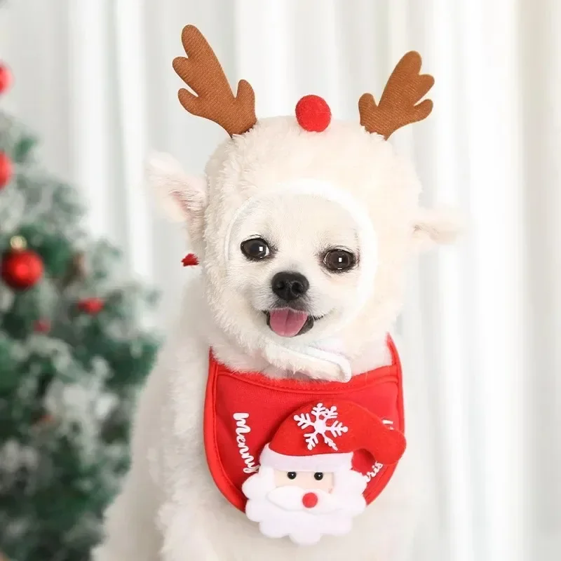 Christmas Pet Hat Cute Antlers Saliva Towel for Dog Cat Dress Up Supplies Lovely Design Autumn and Winter Clothes Pet Accessory