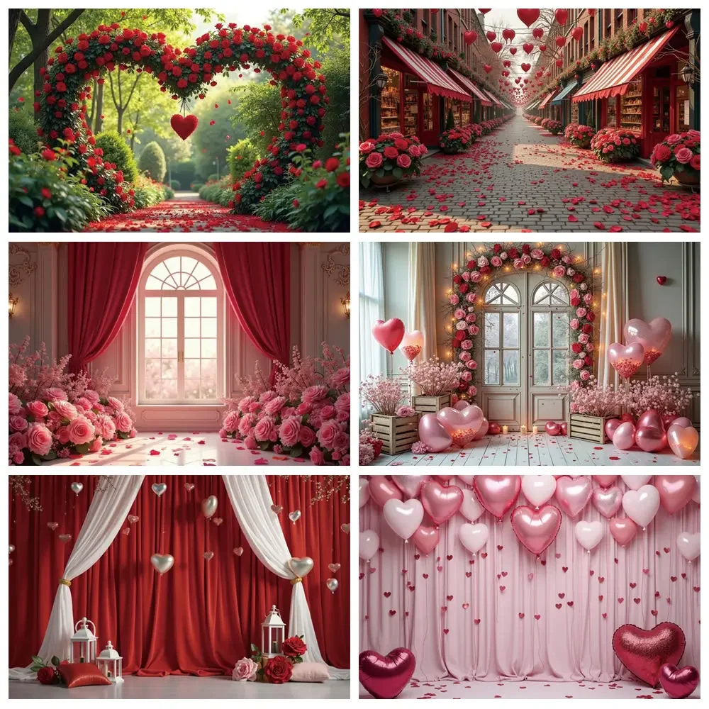 MOON.QG Love Valentine's Day Background Photography Curtain Flowers Pink Cabin Photozone Backdrop Couple Anniversary Photobooth