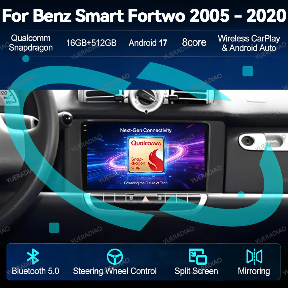 Android 17 Car Radio For Benz Smart Fortwo 451 2005 - 2020 Qualcomm Touch Screen Multimedia Stereo Video Player 4G LTE 5G WIFI