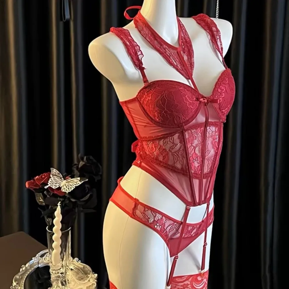 

Elegant Passionate Set Lace Camisole Briefs Set Hollow Mesh Sleeveless Women Lingerie Nightgown Slim Fit Suspender Vest Gift