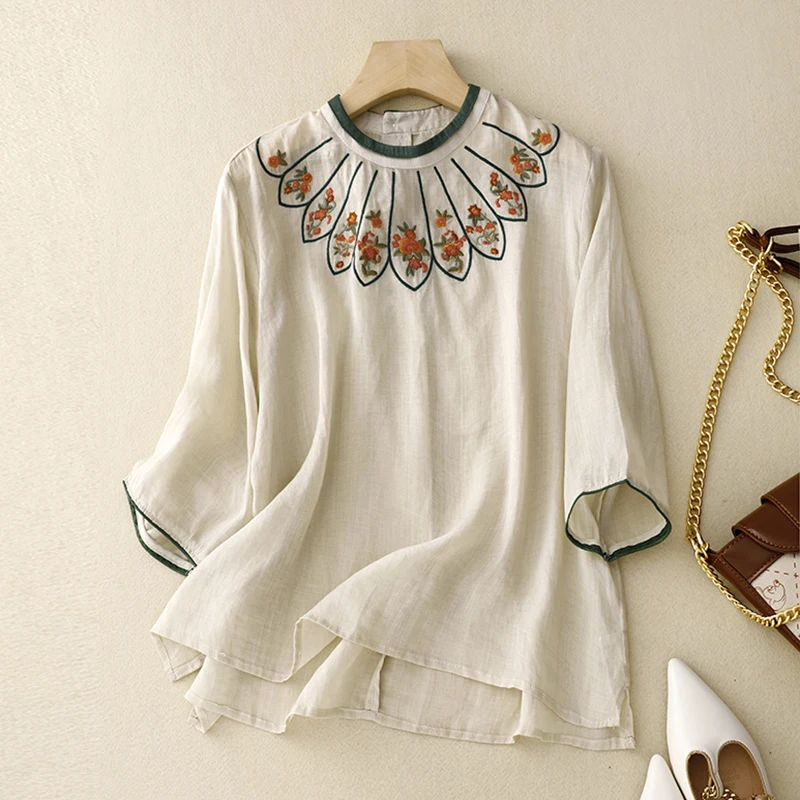 Indie Folk Embroidery Linen Three Quarter Sleeve O-Neck Pullover Women's Blouse Shirt Casual Female Tops Women Clothing 2024