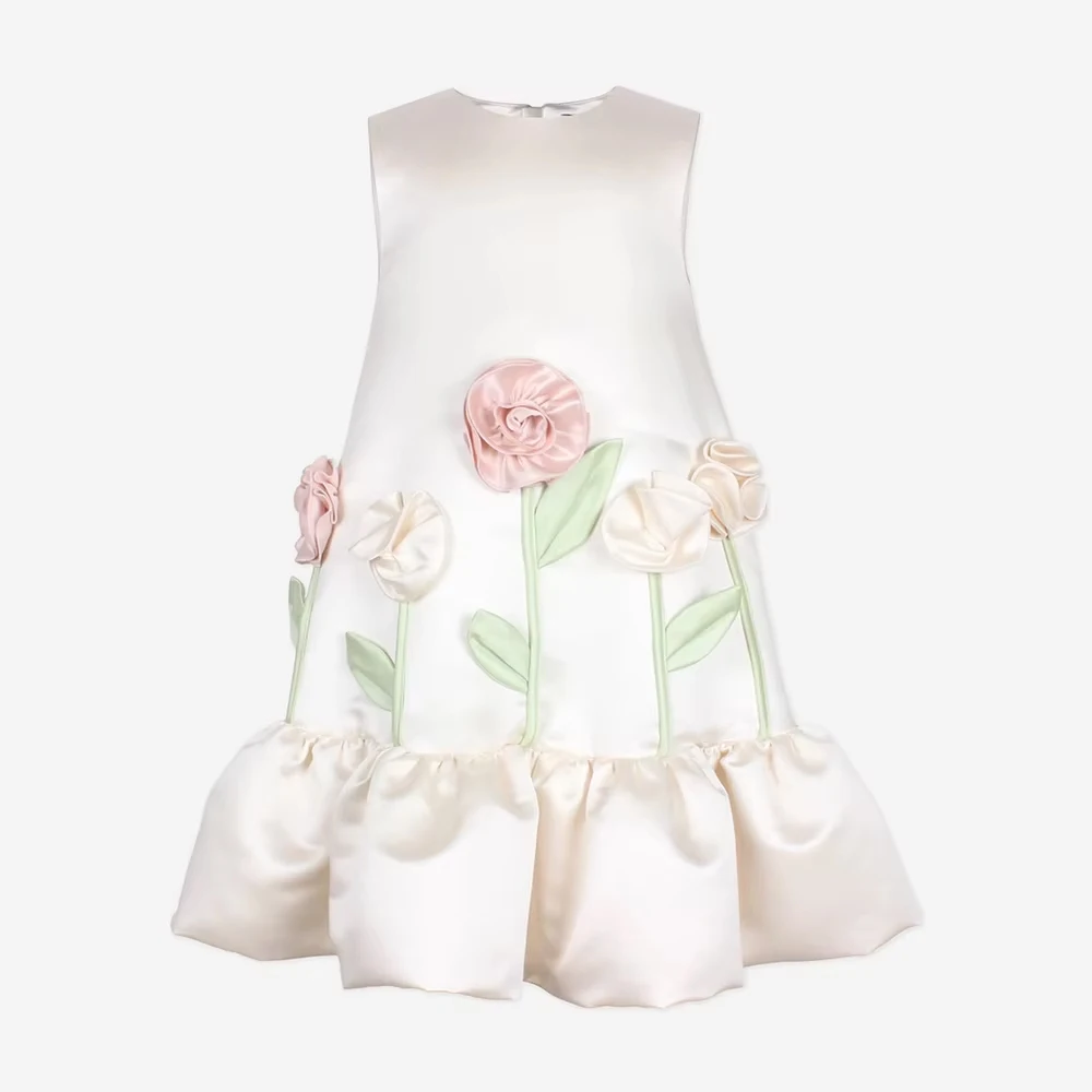 

Customized Flower Girl Dress Knee Length 3D Flowers O Neck A Line Modern Kid's Party Gowns Short Sleeveless Ruched Children Gown