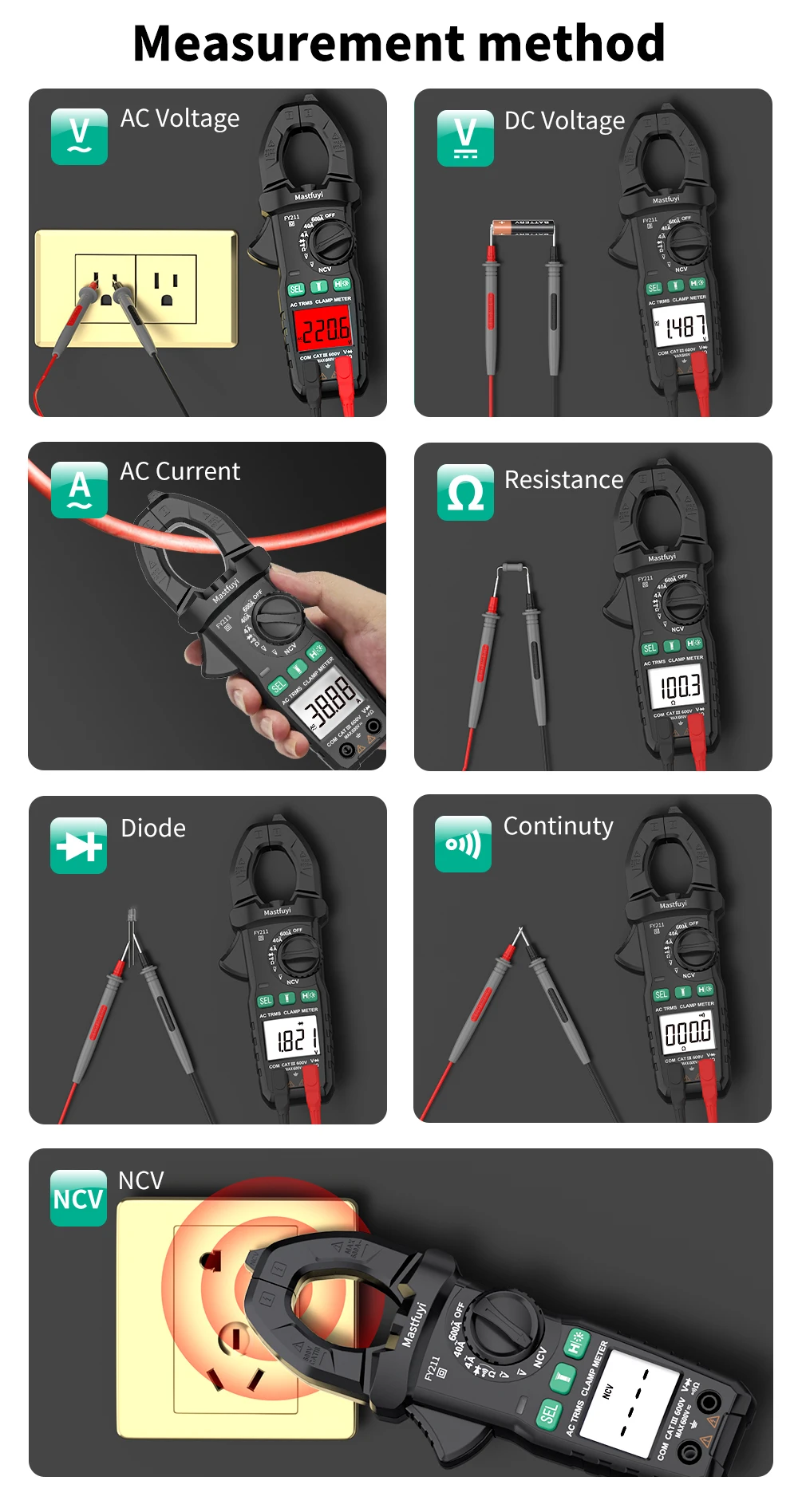 MASTFUYI FY211 Digital Clamp Meter 4000 Counts AC/DC Voltage Resistance Diode NCV Detection Multimeter Backlight Flashlight