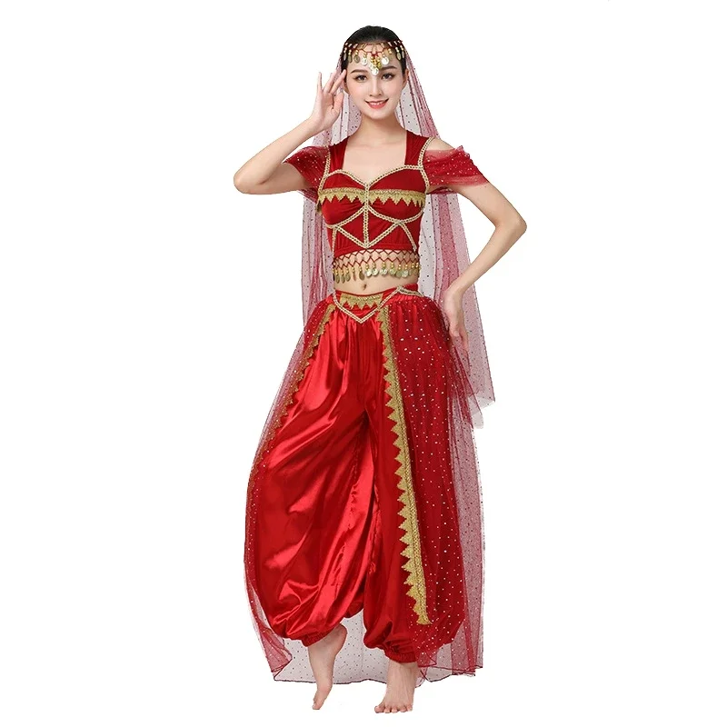 

Women's Exotic Indian Dance Belly Dance Costumes Set 4Pcs Noble Princess Jasmine Cosplay Stage Performance Dancewear