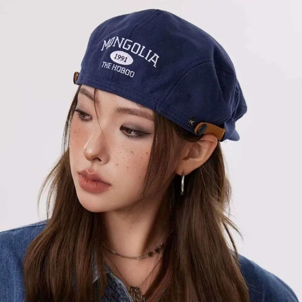 

Vintage Cotton Letter Embroidery Beret Flat Adjustable Newsboy Cap Classic Versatile Painter Cap Spicy Girls