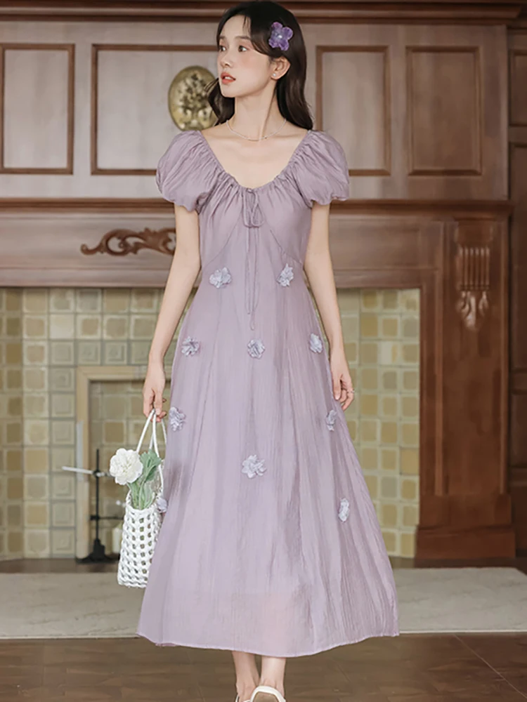 Sommer Lila Chiffon Applikationen Chic Langes Kleid Frauen Puff Sleeve Bogen V-ausschnitt Casual Kleid 2025, Koreanische Elegante Bodycon Prom Kleid