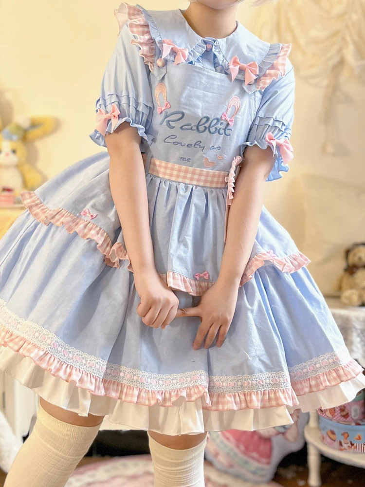 KIMOKOKM Japanese Sweet Pullover Shirt Peter Pan Collar Rabbit Ear Ruffled Kawaii Bow Puff Sleeve Basic Lolita Blouses Shirt