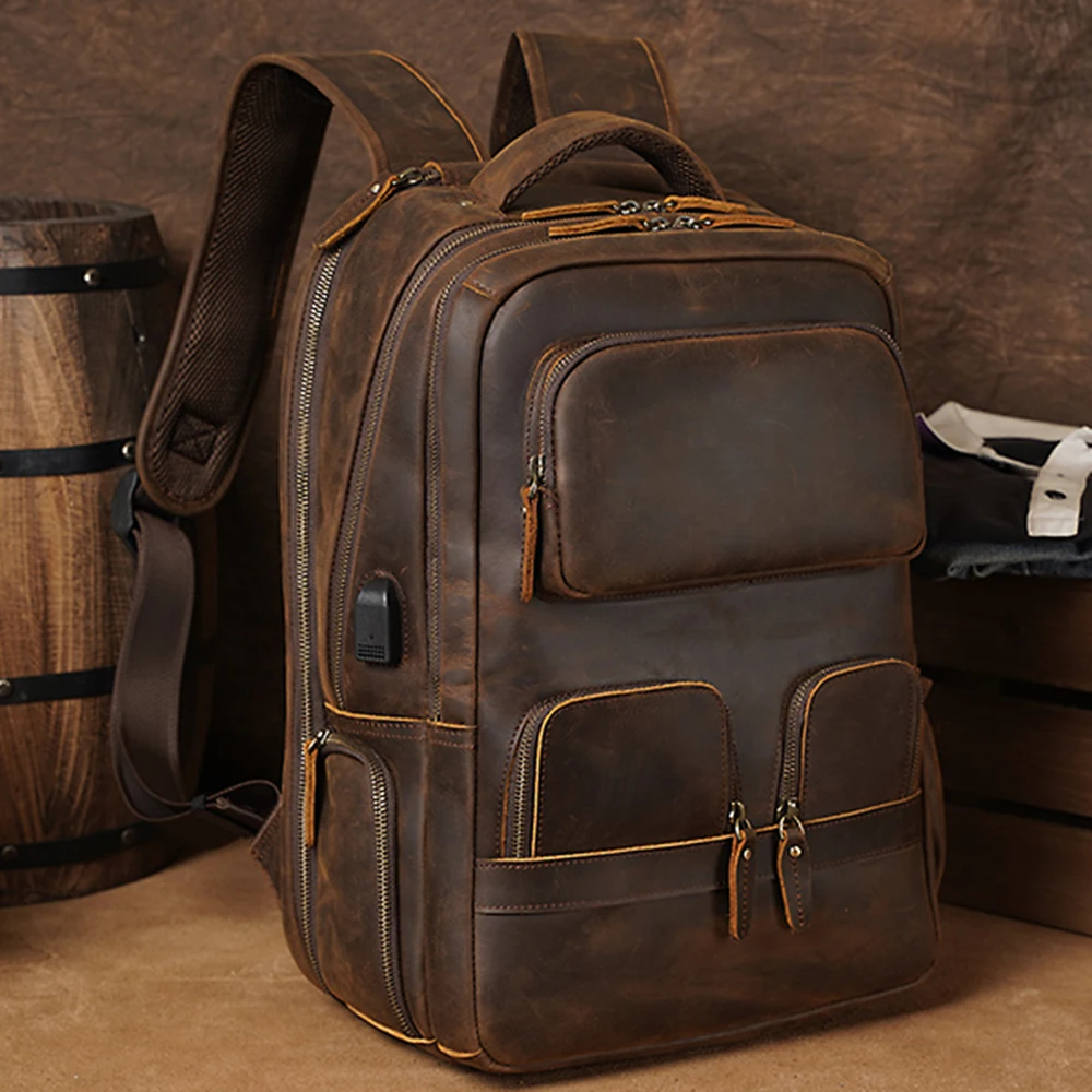 

Custom Logo Cowhide Travel Men's Backpacks Laptop Bag Full Grain Crazy Horse Leather Backpack Bag for Men