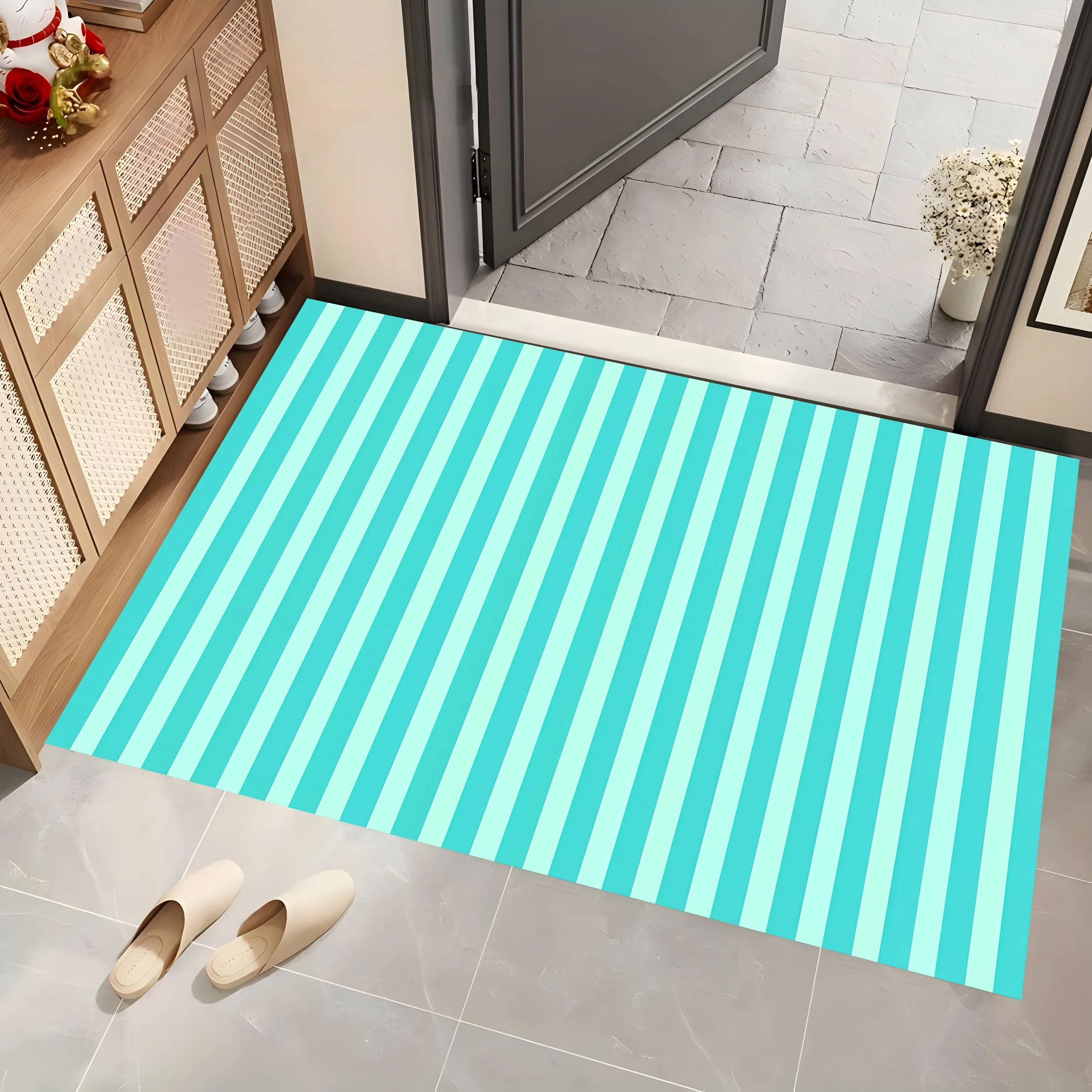 2D Carpet with Blue and Green Stripes in a Fresh Minimalist Style for Living Room and Bedroom