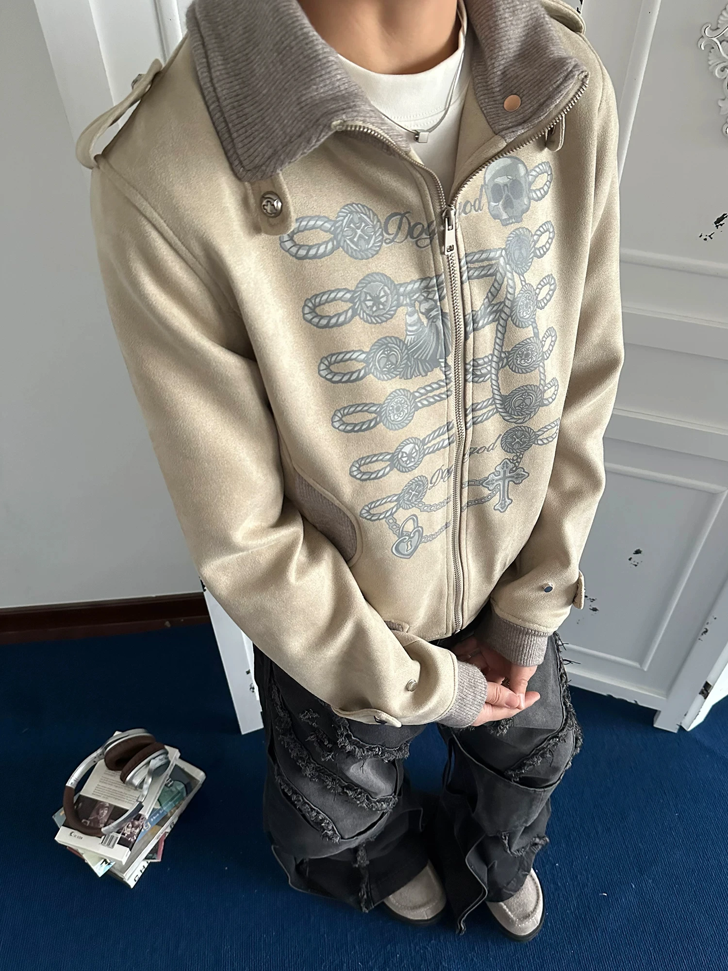 Retro Court Style Suede Jacket Men's Autumn Design Sense Napoleon Coat Rope Knot Print Stand Collar Full Sleeve Zipper Closure