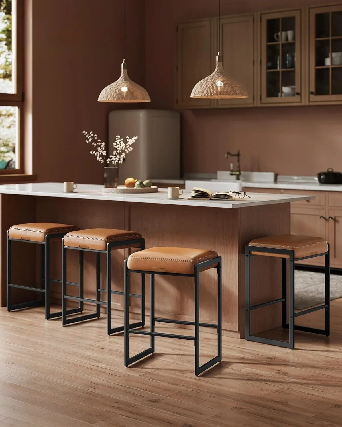 Bar Stools Set of 4, Counter Height Bar Stools, Synthetic Leather with Stitching, Mid-Century Modern Counter Stools