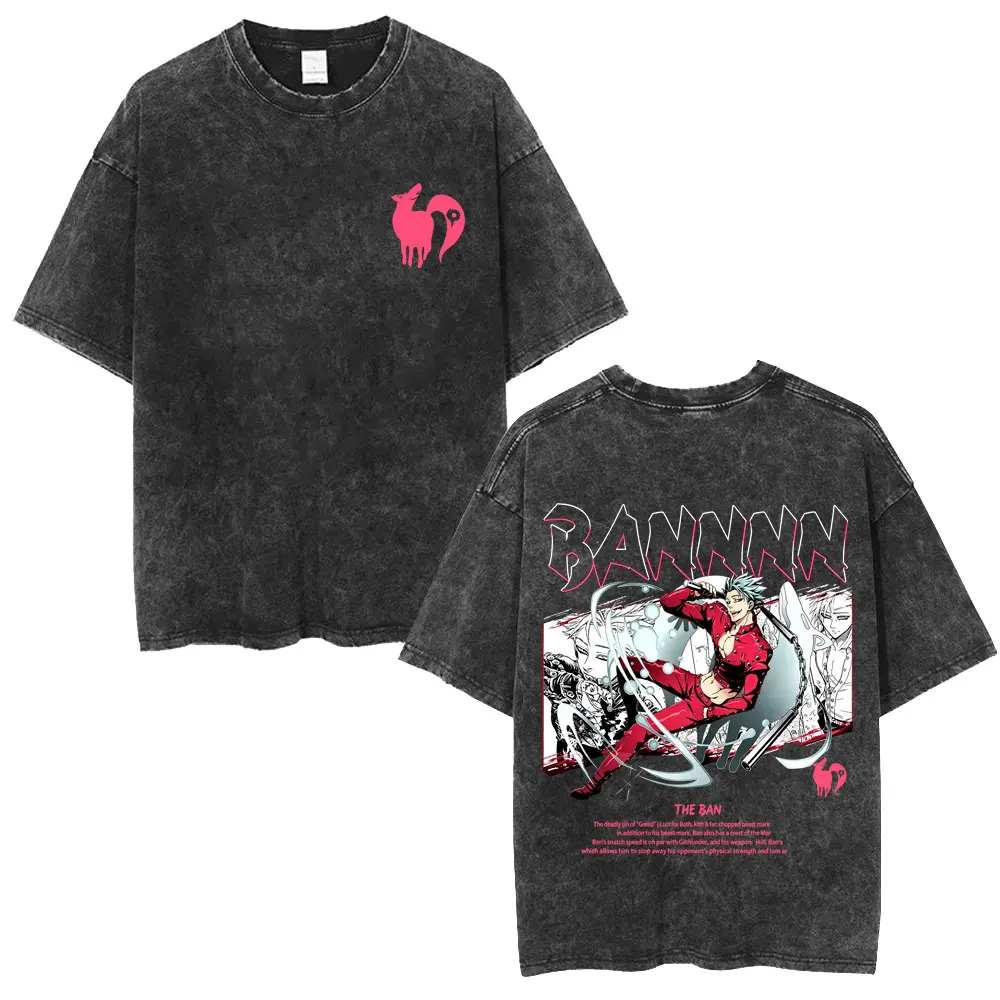 Washed Vintage Anime The Seven Deadly Sins Fox's Sin of Greed Ban Graphic T-shirt Men Manga Oversized T Shirt Male Retro Tshirt