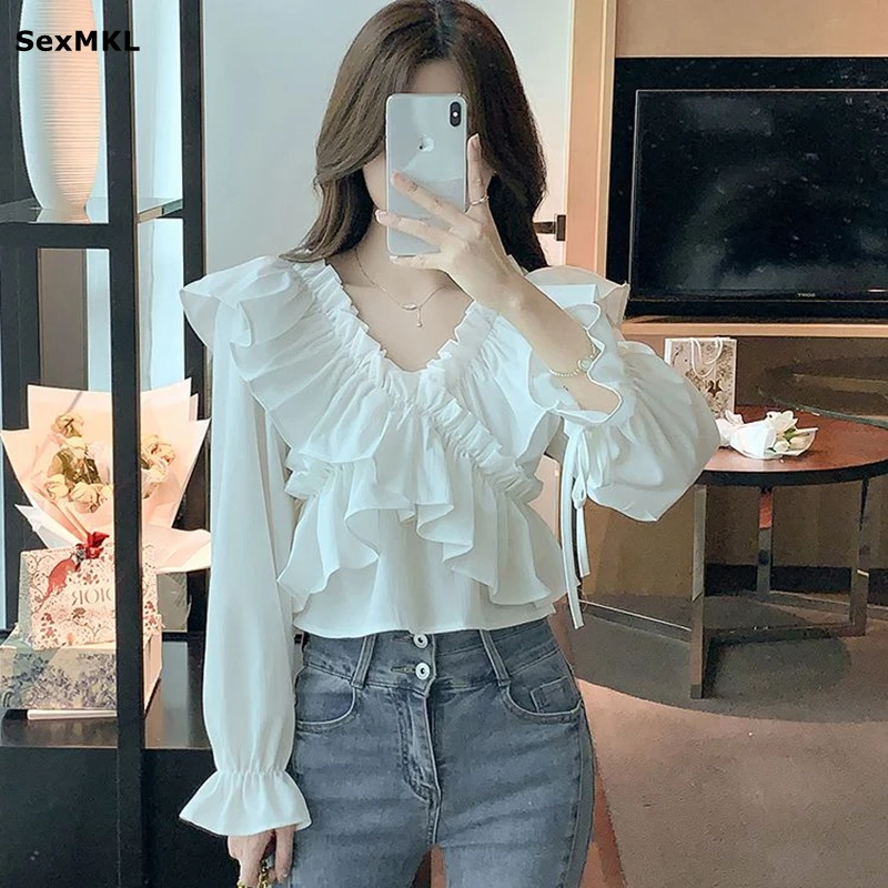 

Casual Flare Sleeve White Chiffon Blouses Women Ruffles Korean Y2k Clothes Ladies Streetwear Shirts Off Shoulder Black Crop Tops
