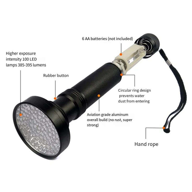 ONCE 100 LED Luce ultravioletta 100 LED Torcia UV Lampada a secco in alluminio impermeabile per esterni, rilevamento di macchie di valuta/urina