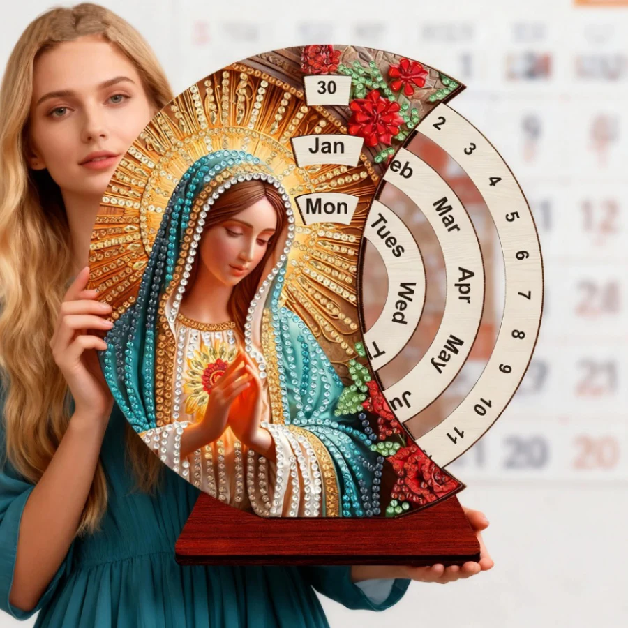 

2026 New Arrival Virgin Maria Special Shaped DIY Diamond Painting Moon Perpetual Calendar Handmade Rotating Calendar Desk Decor