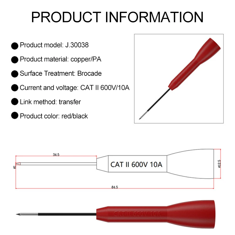 2pcs Insulated Piercing Needle Non-destructive Multimeter Test Probes Red/Black 30V-60V for 2mm Test Lead Multimeter Test Probes