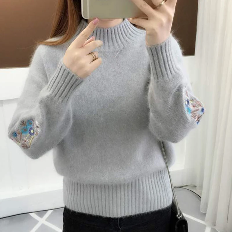 Suéter bordado para mujer, Jersey de punto de manga larga con cuello medio alto, holgado, coreano, otoño e invierno, 2024