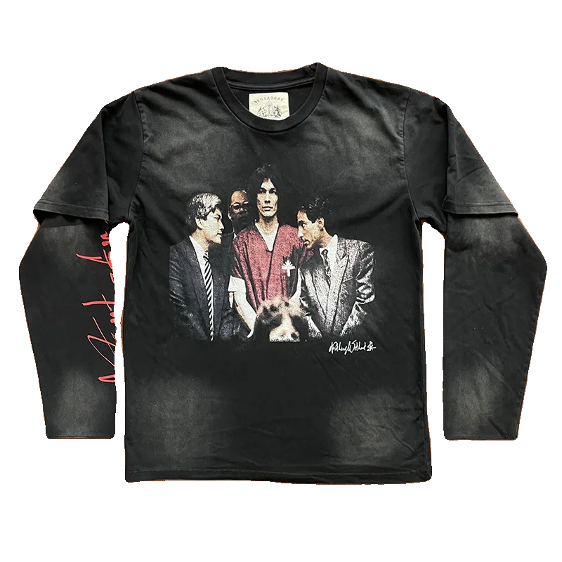 

Свободные потертые поддельные две мужские футболки с длинными рукавами из чистого хлопка Vertabrae в американском стиле с принтом