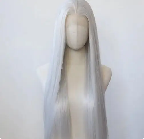 Silver Synthetic Lace Front Wig Long Straight Silver Lace Front Synthetic Wig Pre Plucked Heat Resistant Hair Daily Wear Cosplay