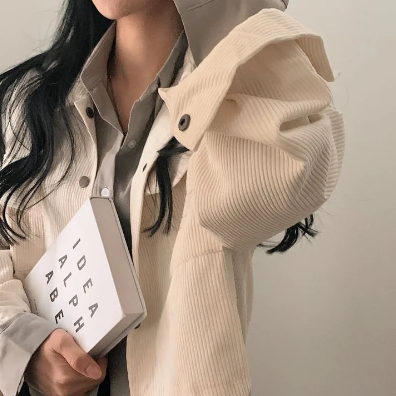 Cropped Jackets Women Vintage Chic Korean Fashion Loose All-match Casual Harajuku Spring Solid Corduroy Coats Streetwear College