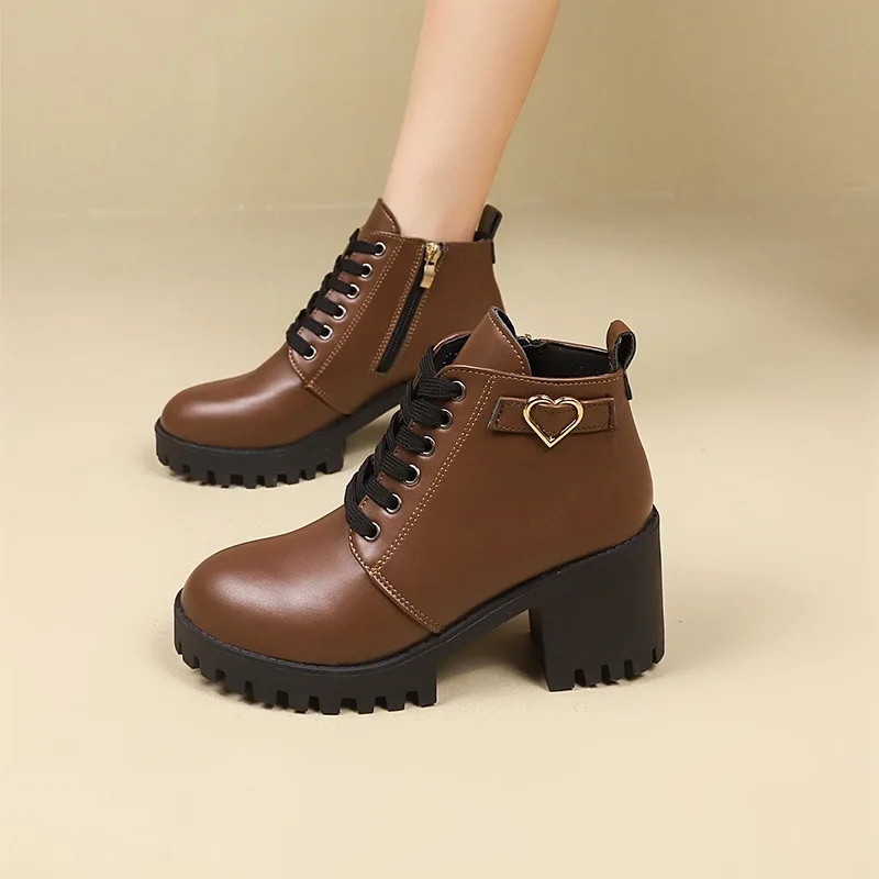 2025Women's Boots PU Leather Casual Boot Fashion High-heeled Ankle Boots for Women Lace Up Platform Boot Side Zipper Botas Mujer