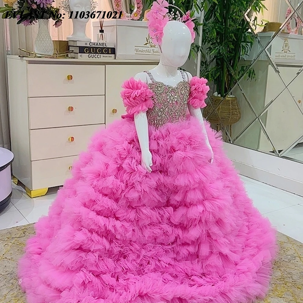 EVLAST Customized Pink Off Shoulder Flower Girl Dress For Weddings Beaded Applique Little Girls Pageant Birthday Gown FD86