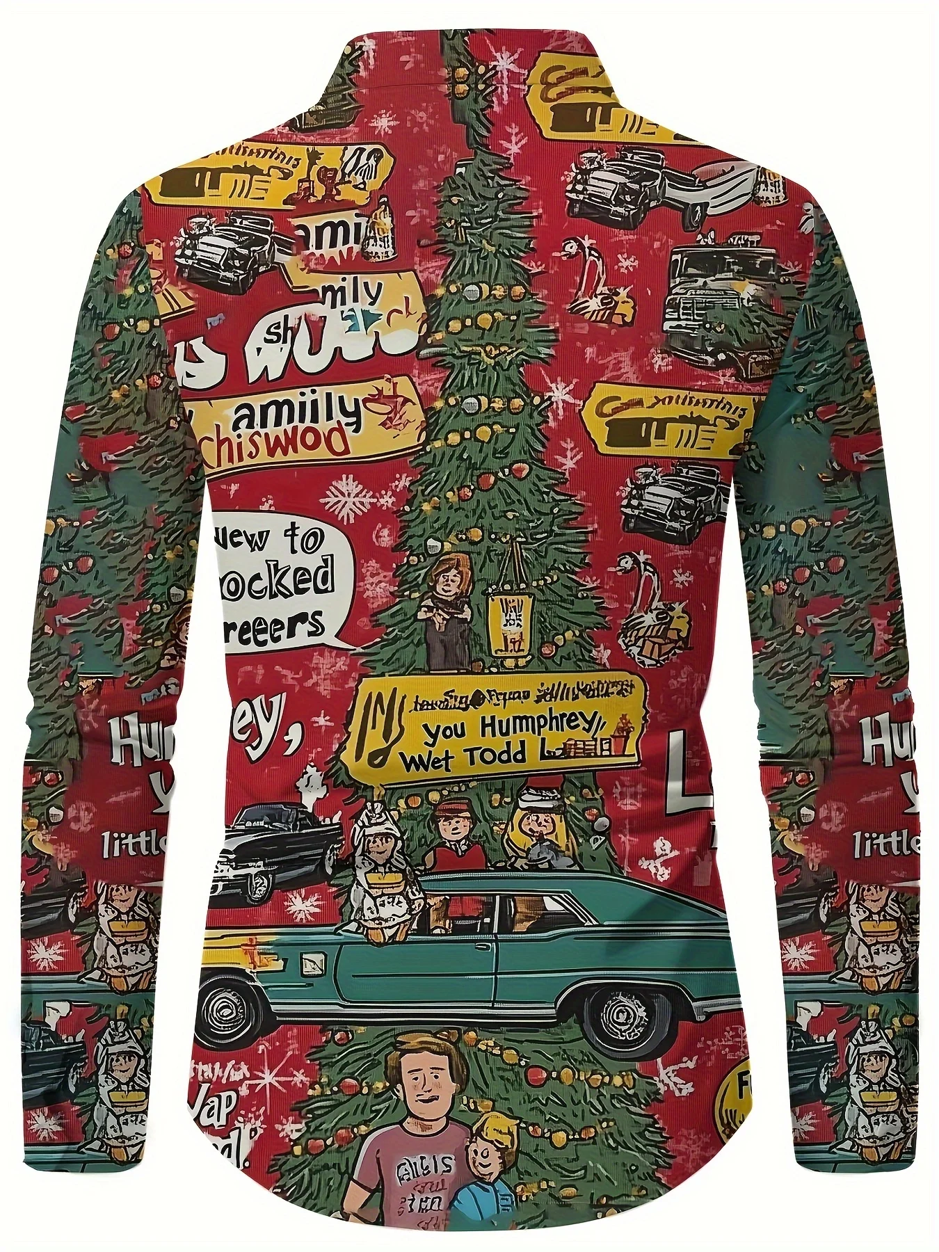 Camisa estampada de árvore de Natal masculina, fecho manga comprida, top da sorte tradicional, streetwear lapela, nova moda