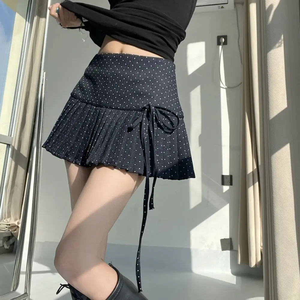 

Sweet Sweet Pleated Skirts for Women Bowknot High Waist Dot Mini Skirt Preppy Style with Safety Pants A-line Short Skirts Girls