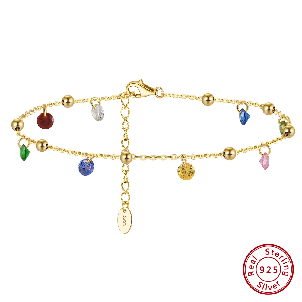 KISS MANDY 100% 925 Sterling Silver Colorful Zircon Anklet Original 14K Gold Plated Summer CZ Foot Chain Bracelet Jewelry SA93