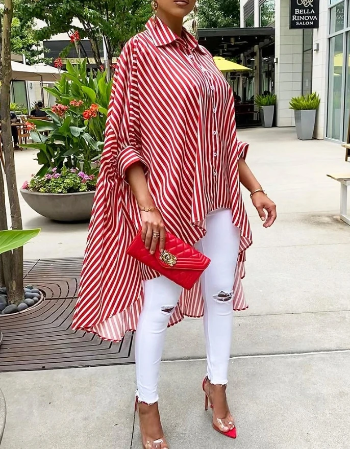 

Women's Shirt Elegant Trendy Striped Colorblock Turn-down Collar Batwing Half Sleeve Asymmetrical Dip Hem Longline Loose Top