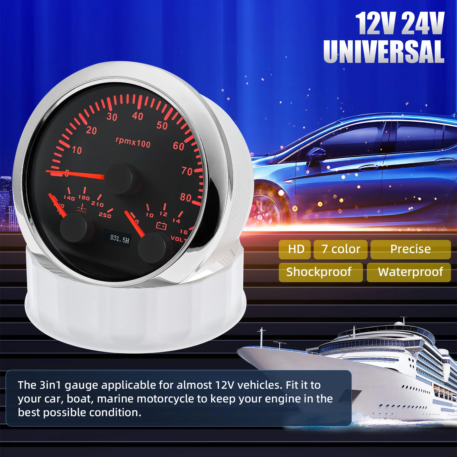 7 Color Backlight 3 IN 1 Meter 0-8000RPM Tachometer 100-250°F Water Temperature Meter 8-16V Voltage Gauge 12V 24V LCD Display