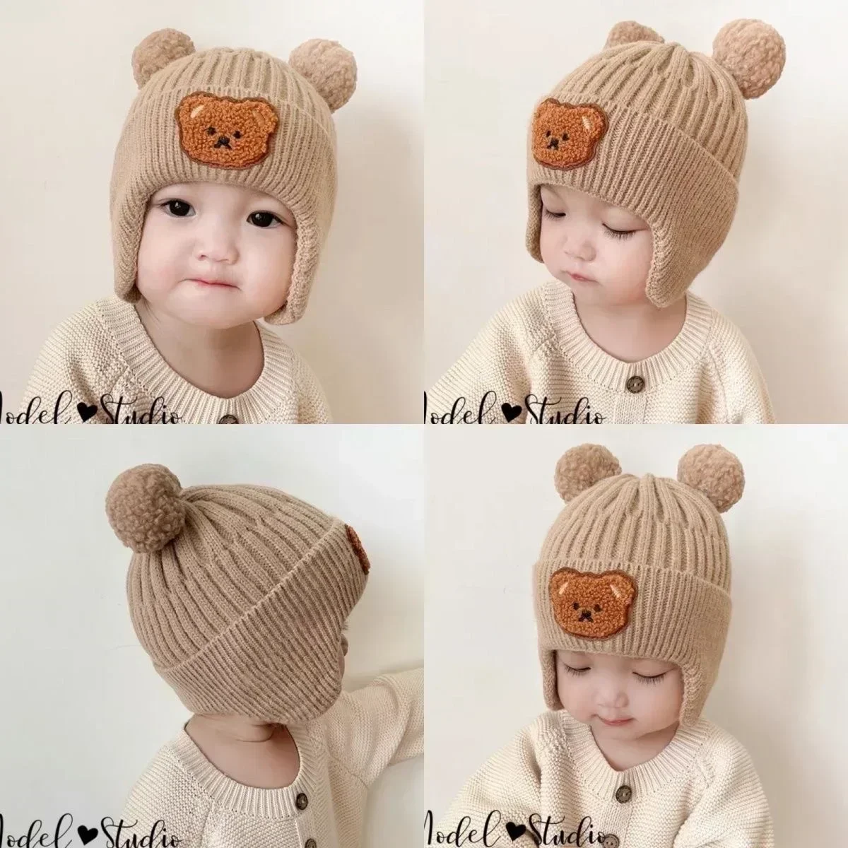 Cute Bear Knitted Baby Cap With Earflaps Pompom Kids Hat Beanie Warm Autumn Winter Boys Girls Ear Protection Bonnet Caps